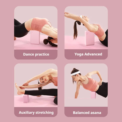 Blue EVA foam yoga block on a yoga mat, showing 23x15x7.6cm dimensions and textured surface for grip