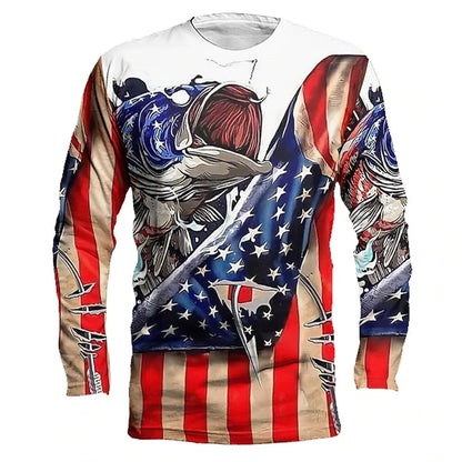 Men's grey pullover top with a colourful printed fish design on the front, showcasing long sleeves and a round neck.