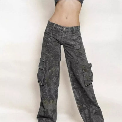 Women's Y2K Hip-Hop Camouflage Cargo Pants with multiple pockets in yellow and gray