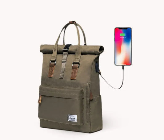 Casual polyester backpack with cover opening showing internal computer pocket and zippered compartment