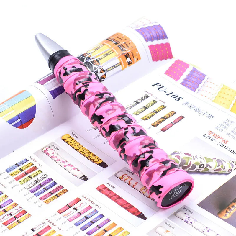 Roll of PU camouflage print grip tape for badminton racket, fishing rod and table tennis bat handles.