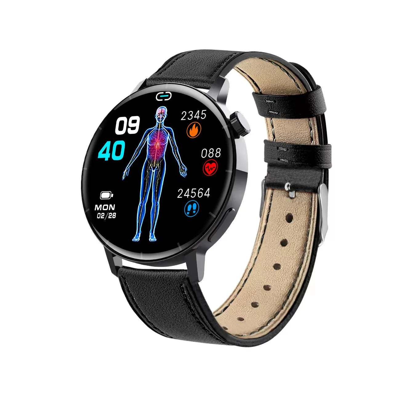 F67S blood glucose smart watch with leather strap showing health monitoring display