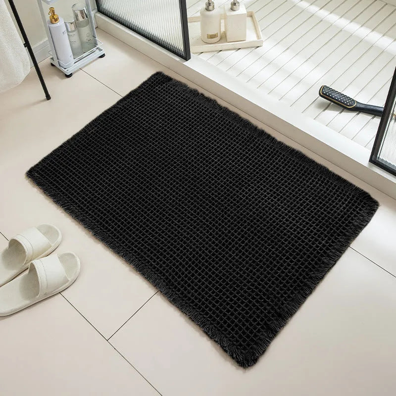 Checkered pattern non-slip bathroom carpet in beige colour with woven polyester construction
