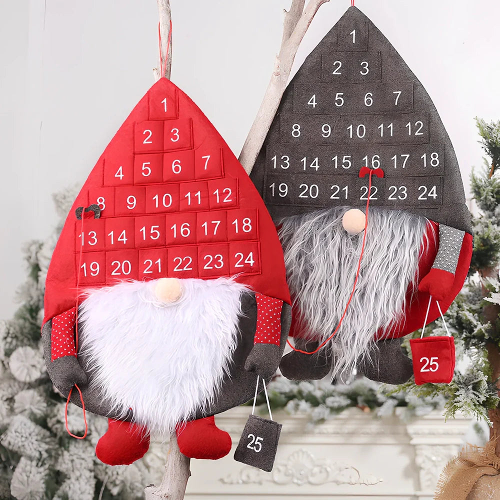 Red Santa Claus faceless advent calendar with 24 pockets hanging on wall