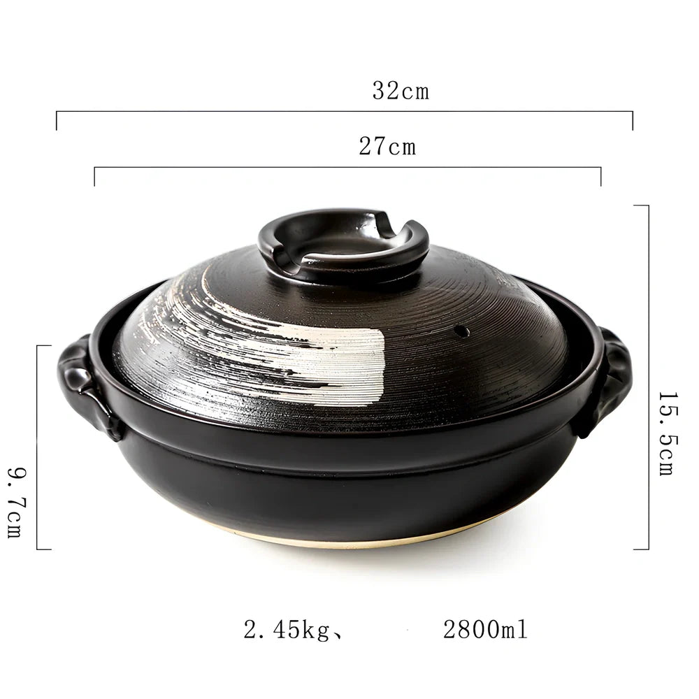 Korean ceramic stew pot with air hole lid showing 8cm depth and gas stove compatible base