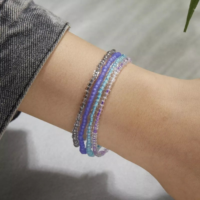 Luminous Bead Colored Beaded Anklet Bracelet with alloy inlay in purple blue and yellow green