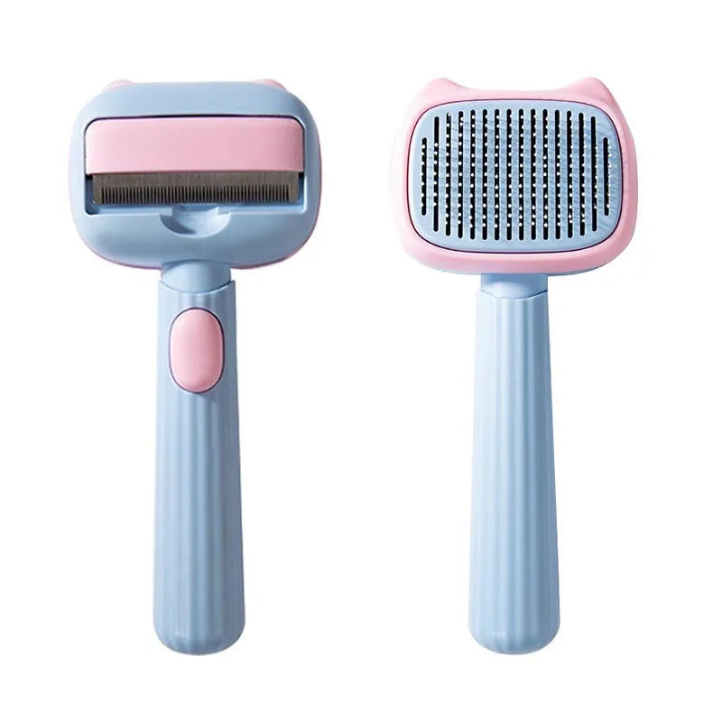 Blue pet grooming brush with deshedding teeth and dematting comb for dogs and cats