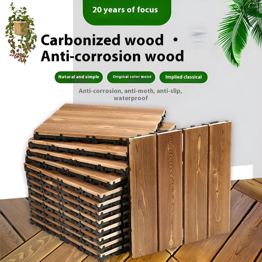 Camphor pine flooring tiles with brush wax oil finish, 30cm by 30cm dimensions, for indoor and outdoor use