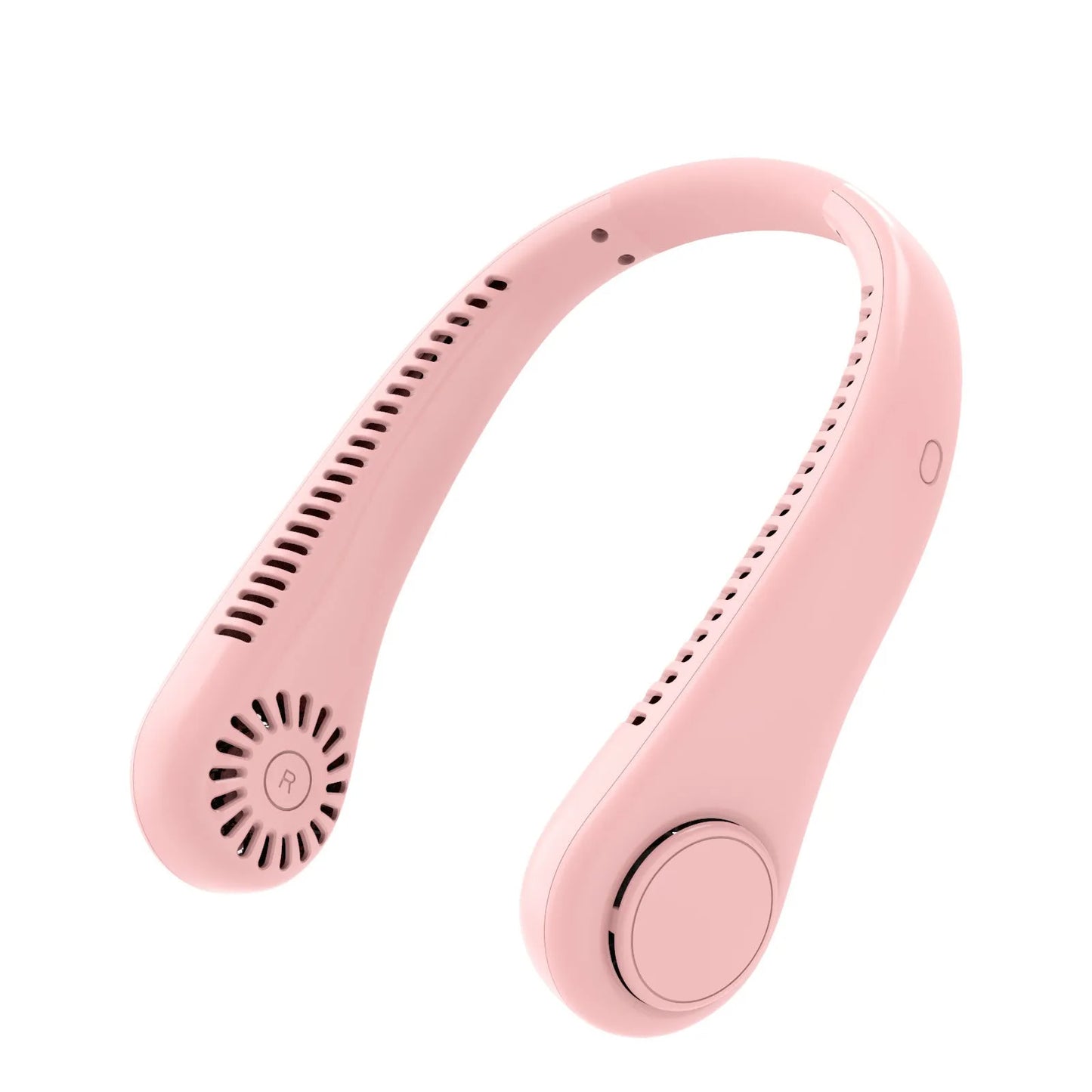 White rechargeable neck fan worn around neck with bladeless design and USB charging