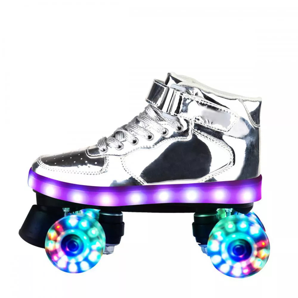 Double roller skates with flashing wheels in pink, golden, and silver options