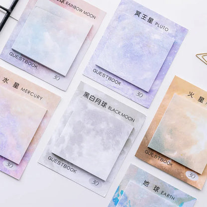 Square 7.3cm sticky notes with oil painting planet designs including Earth, Mars, Mercury, Pluto, and moon variations