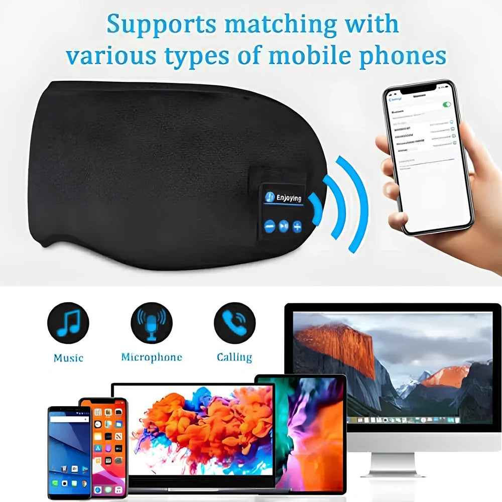 Black Bluetooth 5.0 eye mask with adjustable elastic strap and built-in speakers for wireless audio