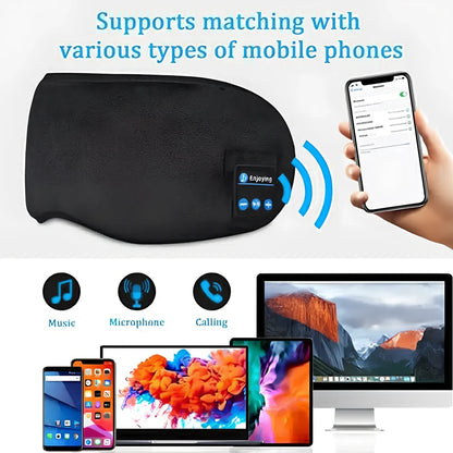 Black Bluetooth 5.0 eye mask with adjustable elastic strap and built-in speakers for wireless audio