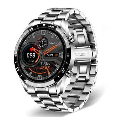 Black and silver stainless steel smart watch with a 1.3-inch screen showing step counter.