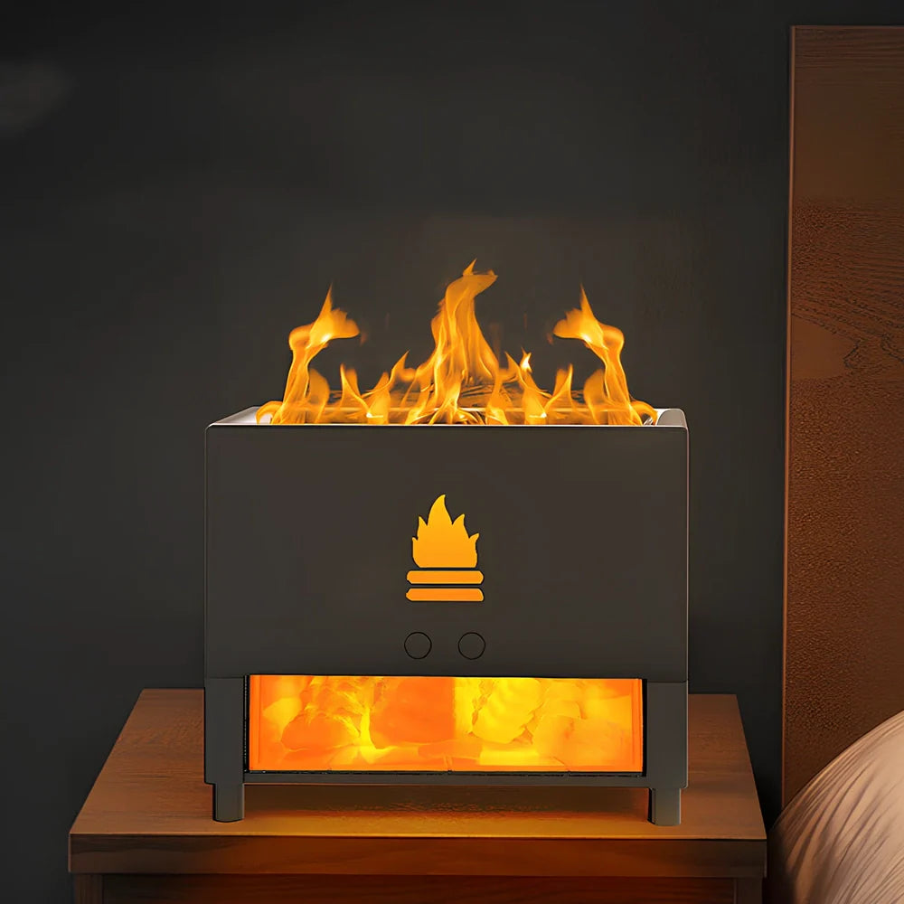 Square white flame effect humidifier with USB power cable on kitchen countertop