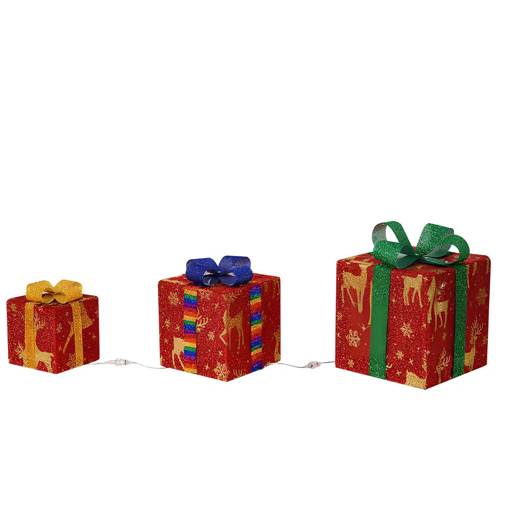 Christmas gift box three piece set with 50 LED beads and 8 lighting functions in silver star design