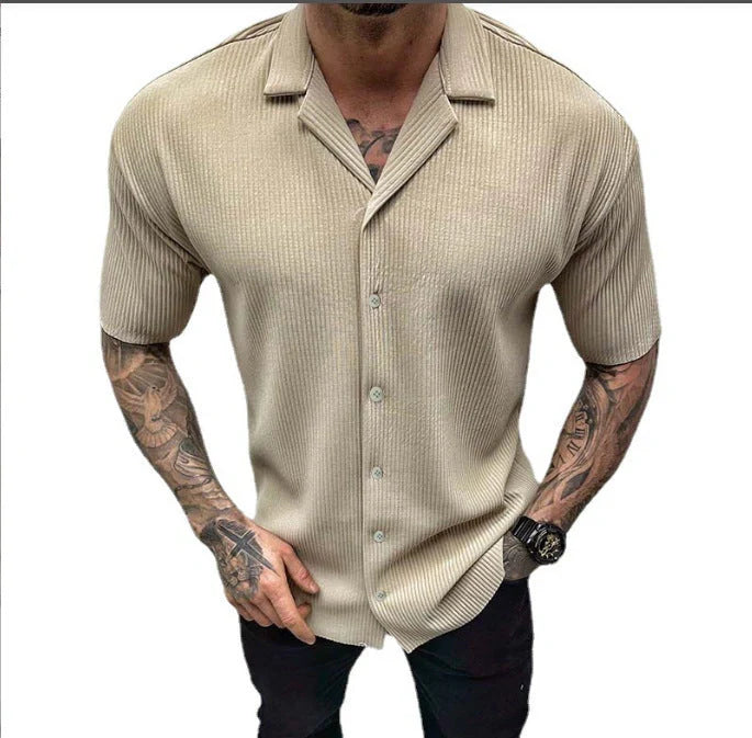 Men's stylish cotton blend short sleeve cardigan shirt in solid colors