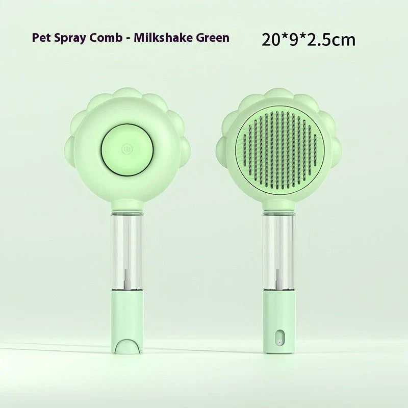 A versatile pet grooming brush with a built-in spray function for efficient hair removal and a calming grooming experience