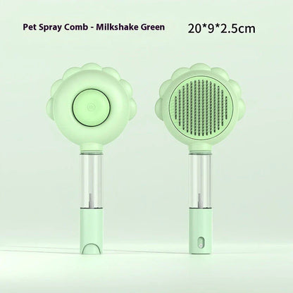 A versatile pet grooming brush with a built-in spray function for efficient hair removal and a calming grooming experience