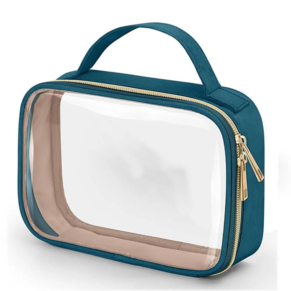 Transparent PVC lipstick storage wash bag with detachable chain showing cosmetic organisation