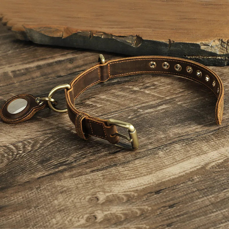 Brown genuine leather dog collar with retro styling and halter positioning system