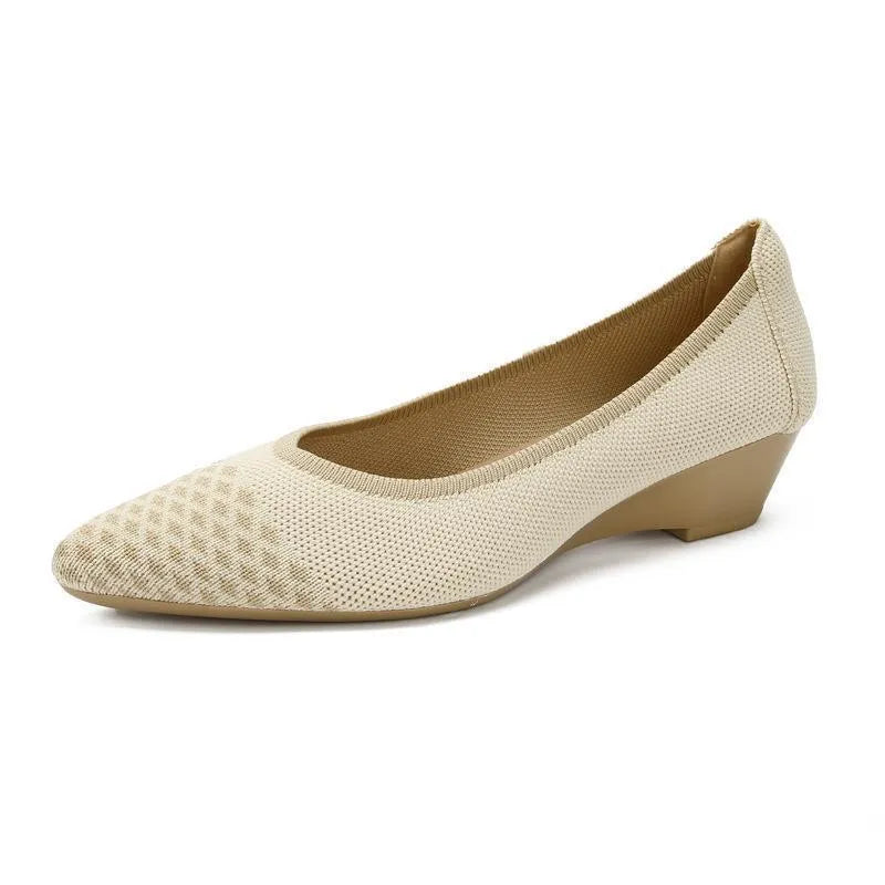 Women's leopard brown flyknit mesh pointed toe wedge pumps with a low rubber sole.