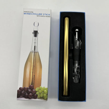 Stainless steel wine chilling rod with acrylic aerator pourer for cooling bottles from inside
