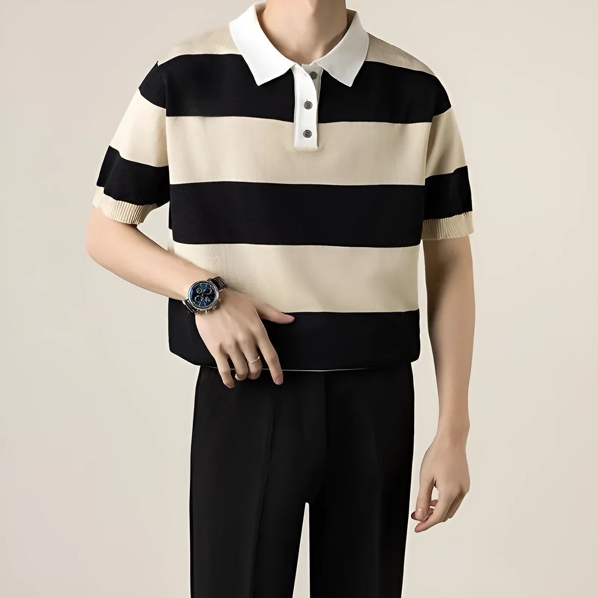 Men's striped short-sleeved business T-shirt in polyester, shown in black, coffee, white, and dark grey.