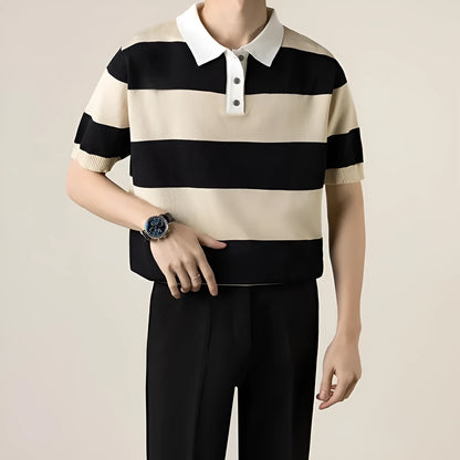 Men's striped short-sleeved business T-shirt in polyester, shown in black, coffee, white, and dark grey.