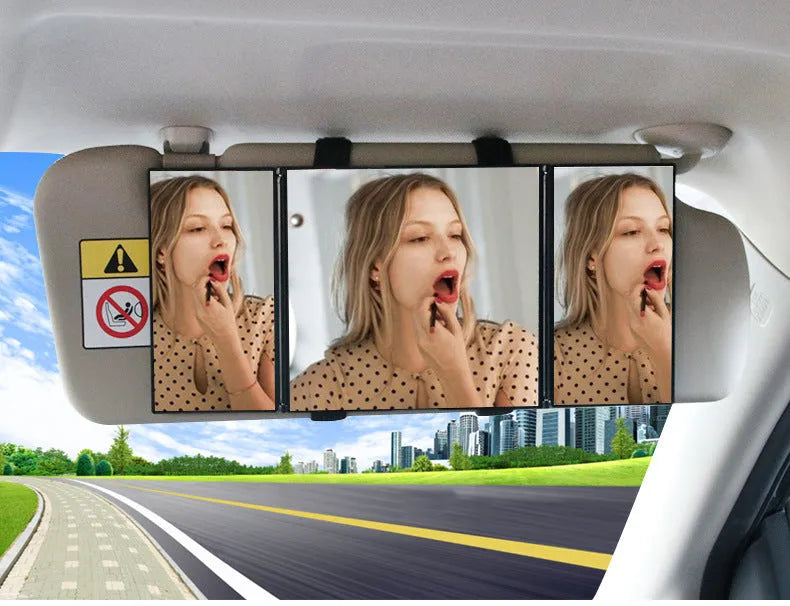 Silver car folding makeup mirror showing folded and opened positions with 30.5cm width