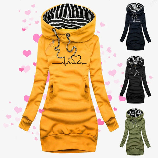 Women's heart print hoodie in black, yellow, army green, and navy blue with long sleeves and pockets