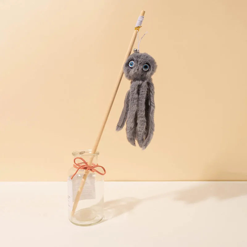 Long stick cat toy with furry octopus attachment and eyes in assorted colours