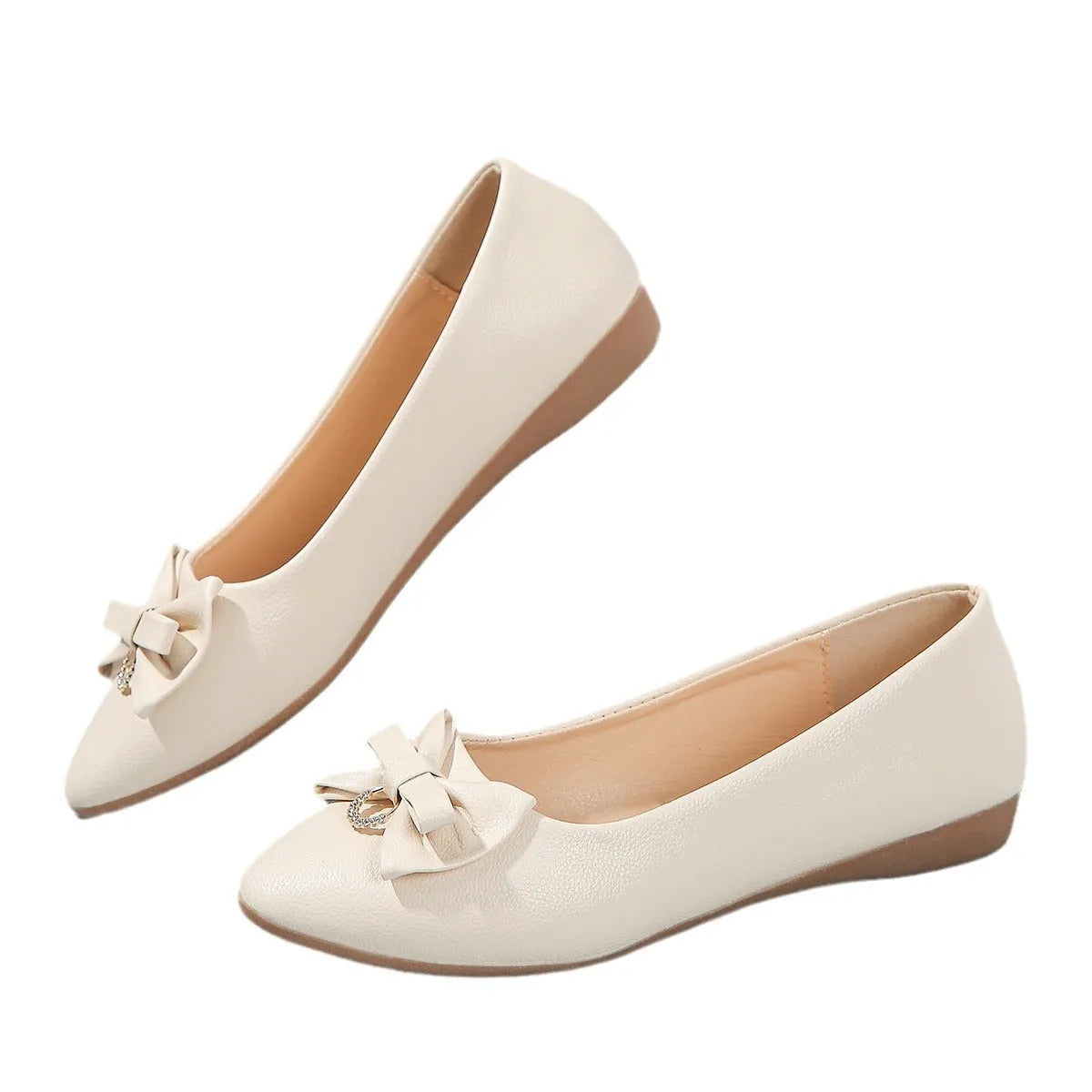 Women's beige flat casual slip-on shoes with bowknot detail and shallow mouth design