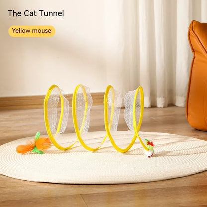 Folded Cat Tunnel S Type with Spring Toy Mouse for interactive cat play
