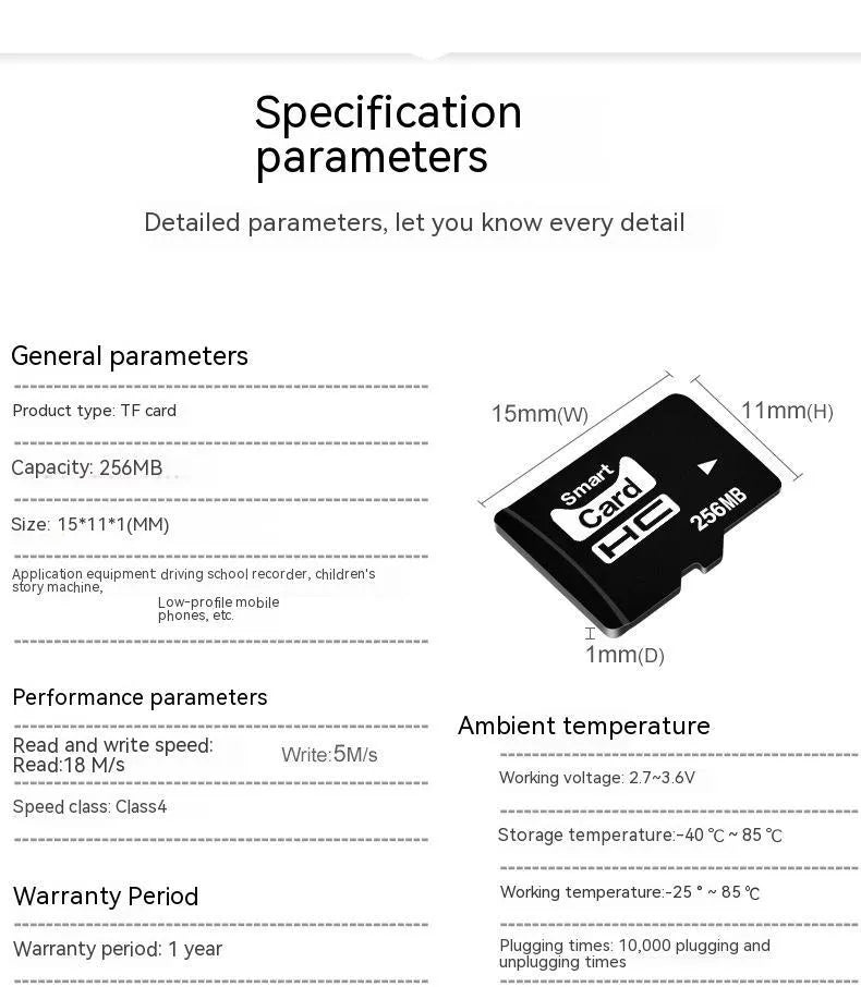 256MB TF memory card with 11mm width, 15mm length, 1mm thickness for digital storage