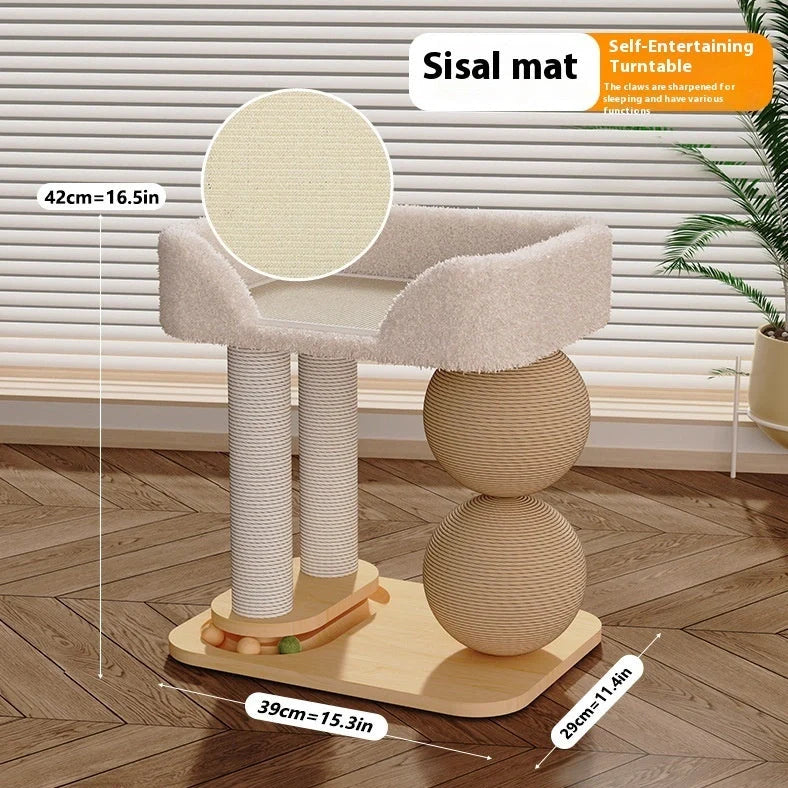 Solid pine cat nest with double ball posts on 40cm square base, showing scratching and resting functions