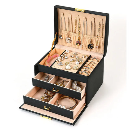 Portable dustproof jewellery box 18x14x13cm in white, pink, green, or black with density plate leather and flannel