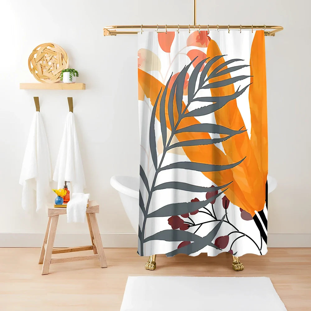 Green plant print shower curtain with waterproof polyester material in bathroom setting