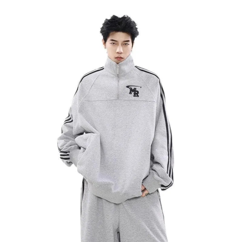 Black stand collar couple sweater with Hong Kong style design and polyester fibre construction