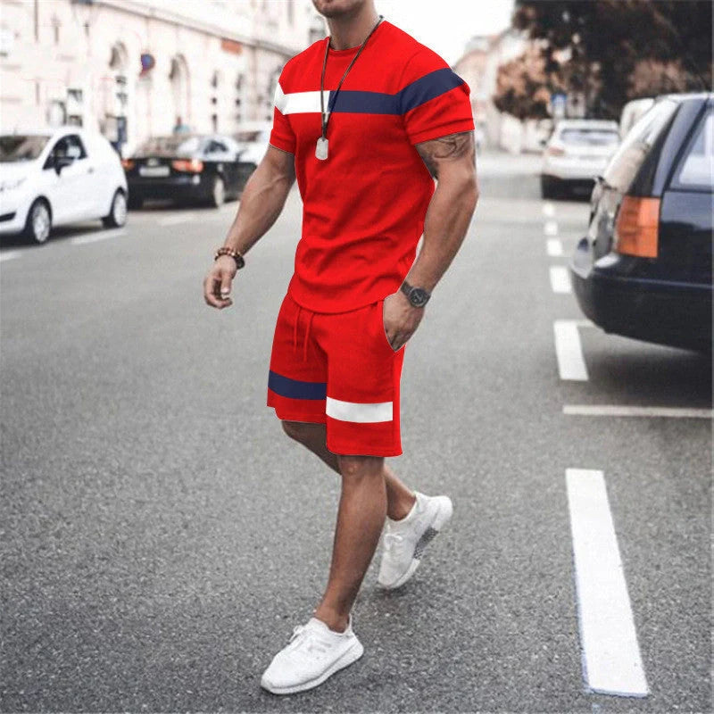 Men's Athletic Leisure Patchwork Short Sleeve Fitness Suit in various colors