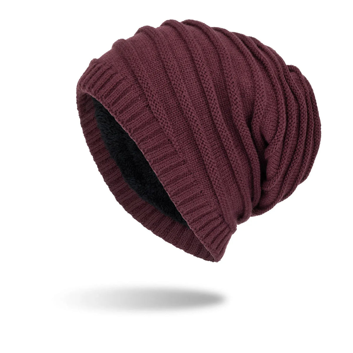 Men's wool knit hat with ear guards and geometric pattern in black, wine red, navy blue, dark grey or hemp grey.