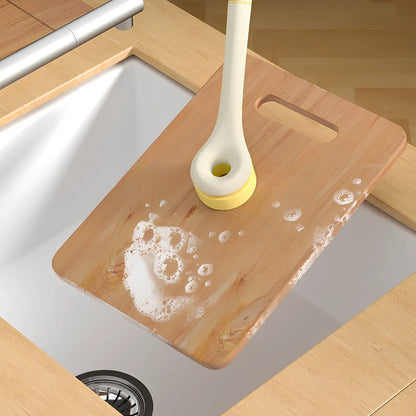 Wood pulp sponge cleaning brush with PP handle, replaceable cotton heads, and integrated peeling knife for pots and dishes