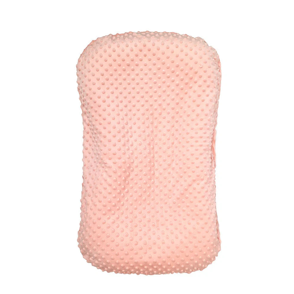 Portable crib with interchangeable fabric cover showing 75x45cm dimensions and multiple colour options