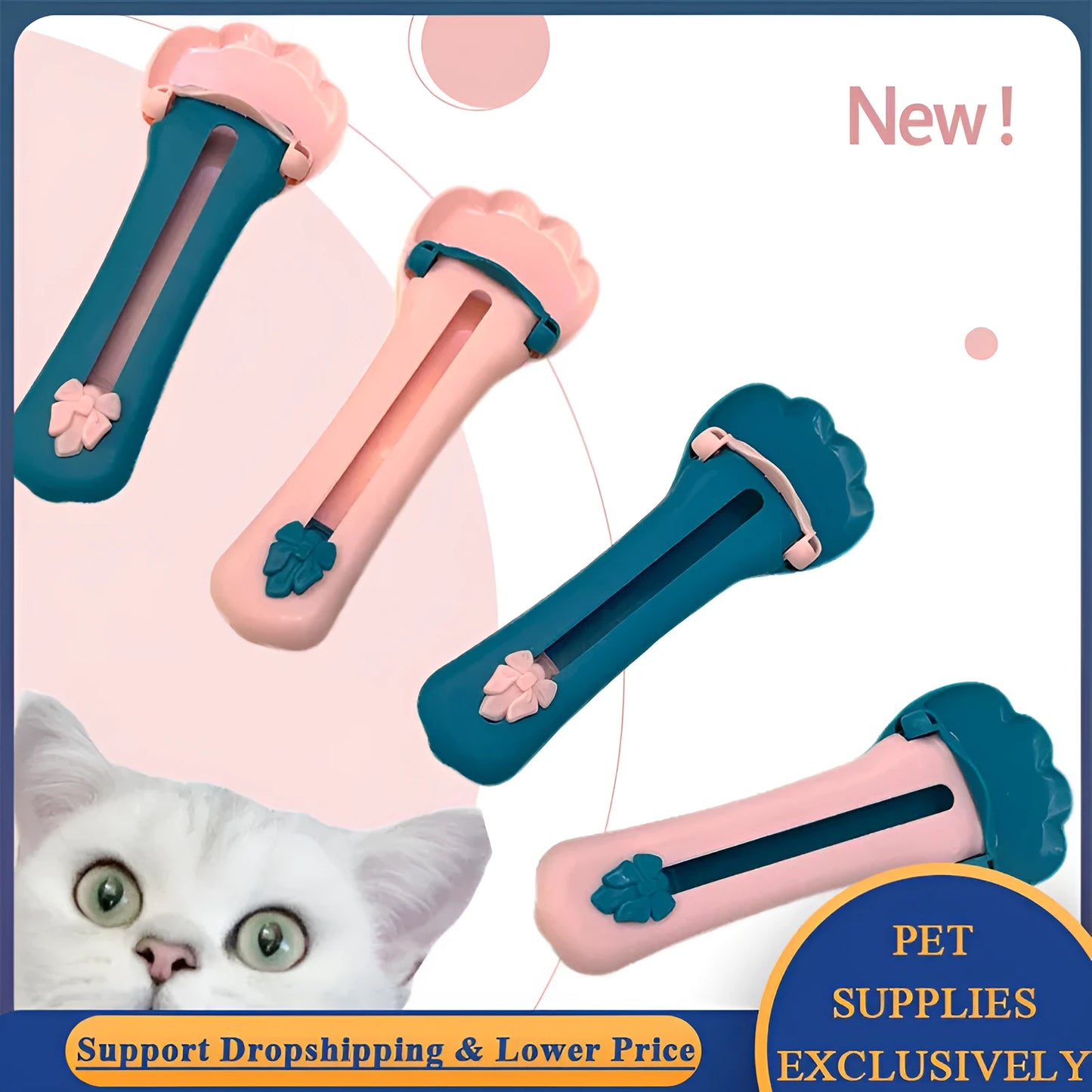 Green and pink pet food scoop and squeezer dispenser for cats and dogs.