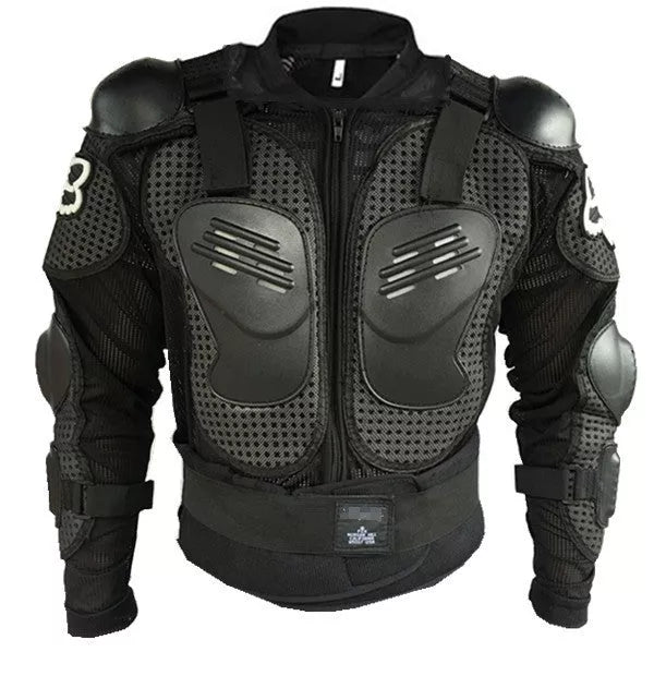 Black motorcycle armor jacket with fall protection, sizes M to 3XL