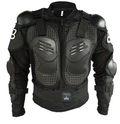 Black motorcycle armor jacket with fall protection, sizes M to 3XL