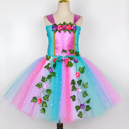 Girls sequined fairy dress with mesh tutu skirt, headband, wings, and magic wand in nylon, sizes S to 3XL