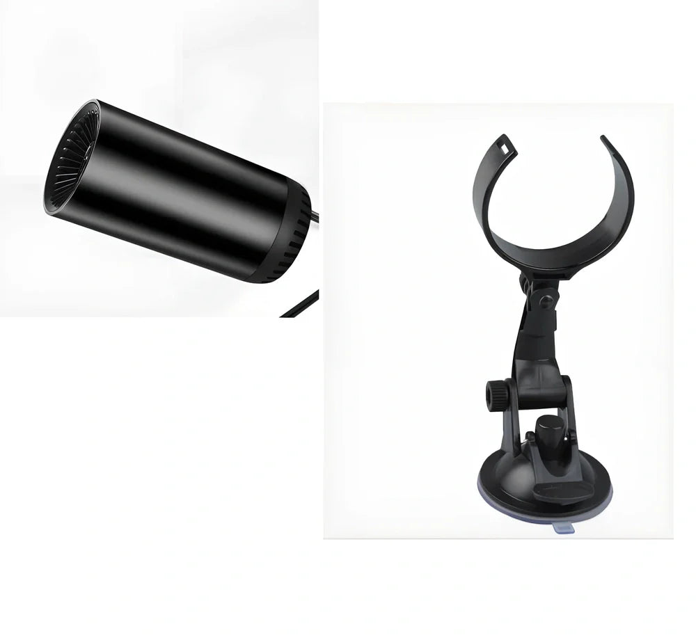 Black-grey 12V car windshield heater with suction cup mount measuring 15x7cm with 1.5m cable