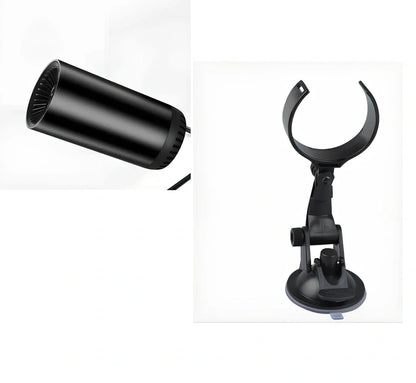 Black-grey 12V car windshield heater with suction cup mount measuring 15x7cm with 1.5m cable