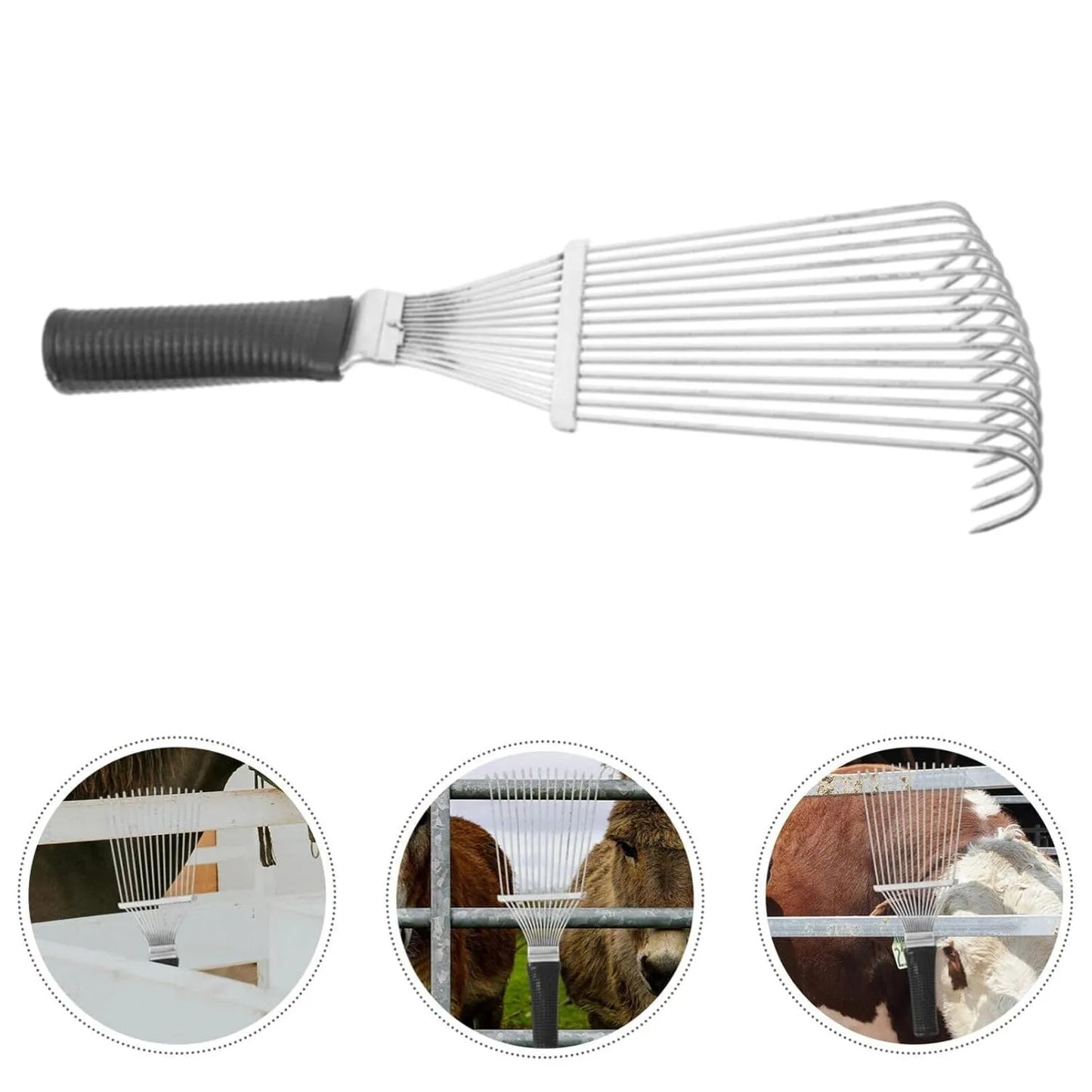 Black stainless steel pet grooming rake comb for dogs and horses on a white background.